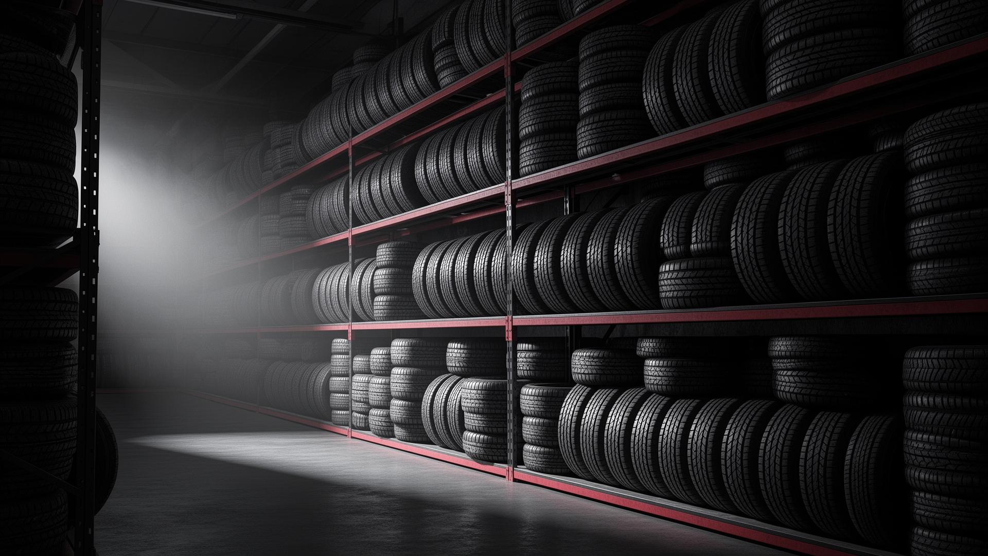Wall of inspected used tires in stock